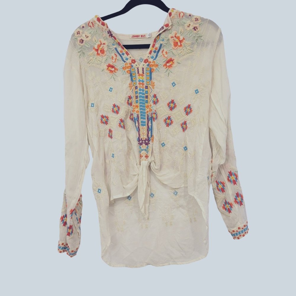 Johnny Was Embroidered Blouse Tie Front High Low Size XS